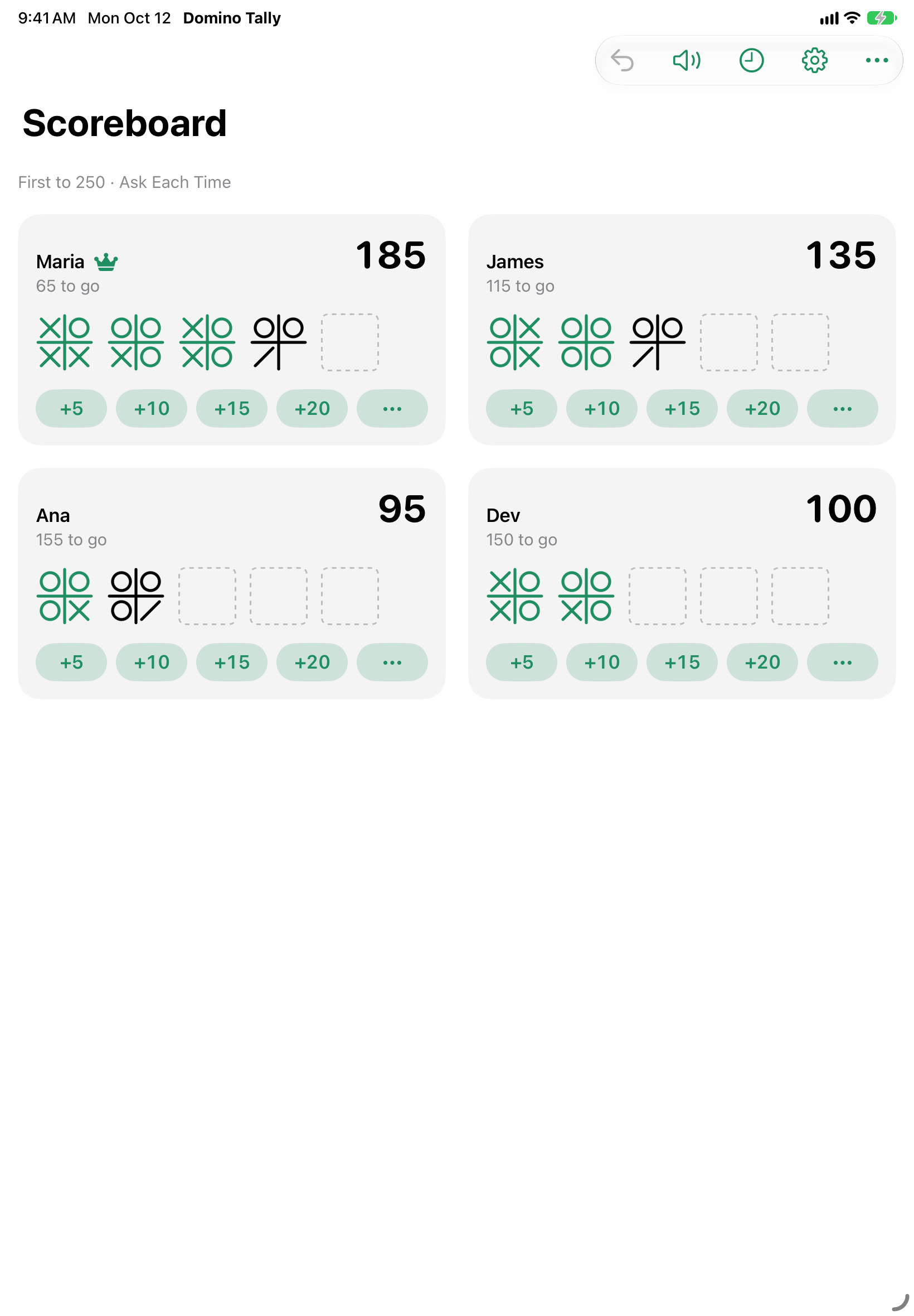 Boneyard Tally on iPad Air showing a four-player scoreboard with houses drawn for each player