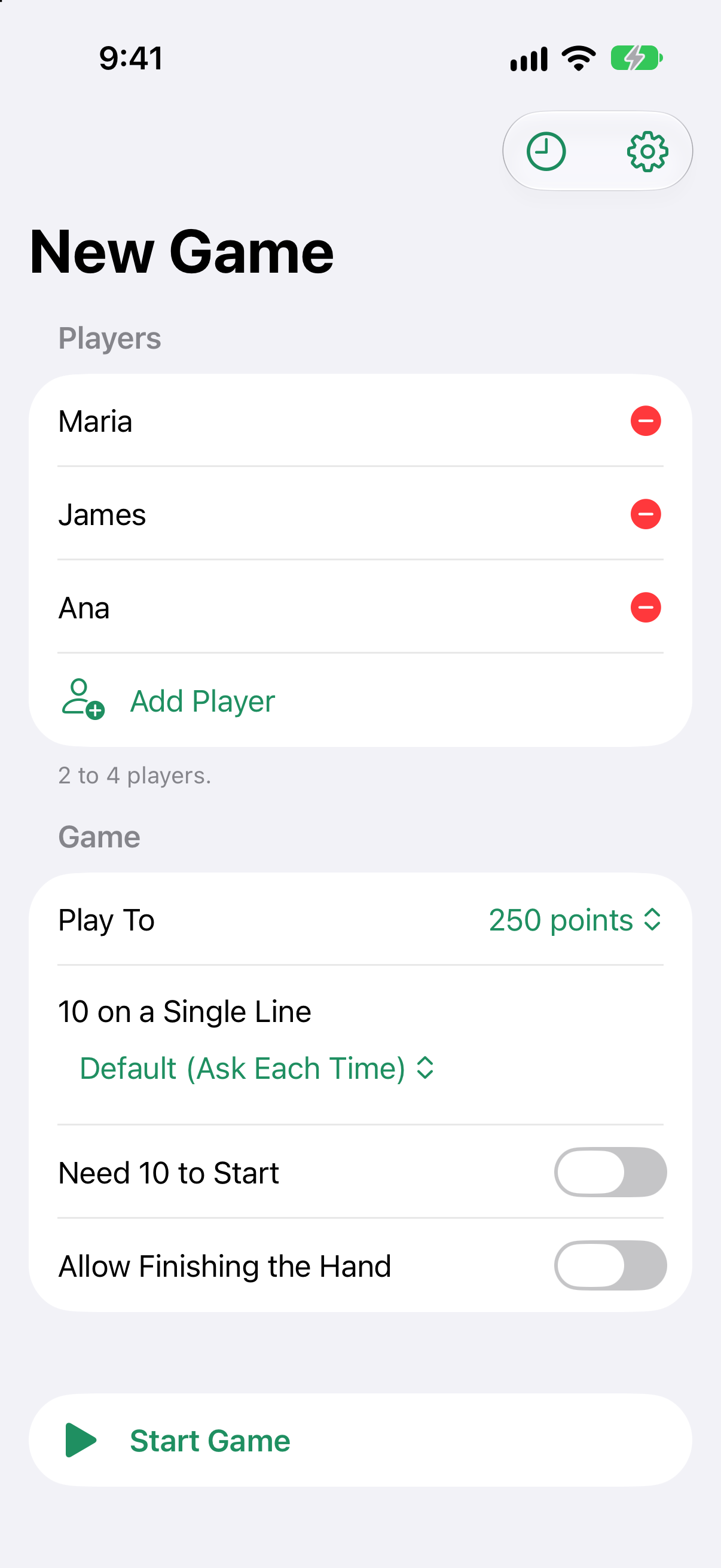 The New Game screen on iPhone 17 Pro with player names, target score, and house rule options