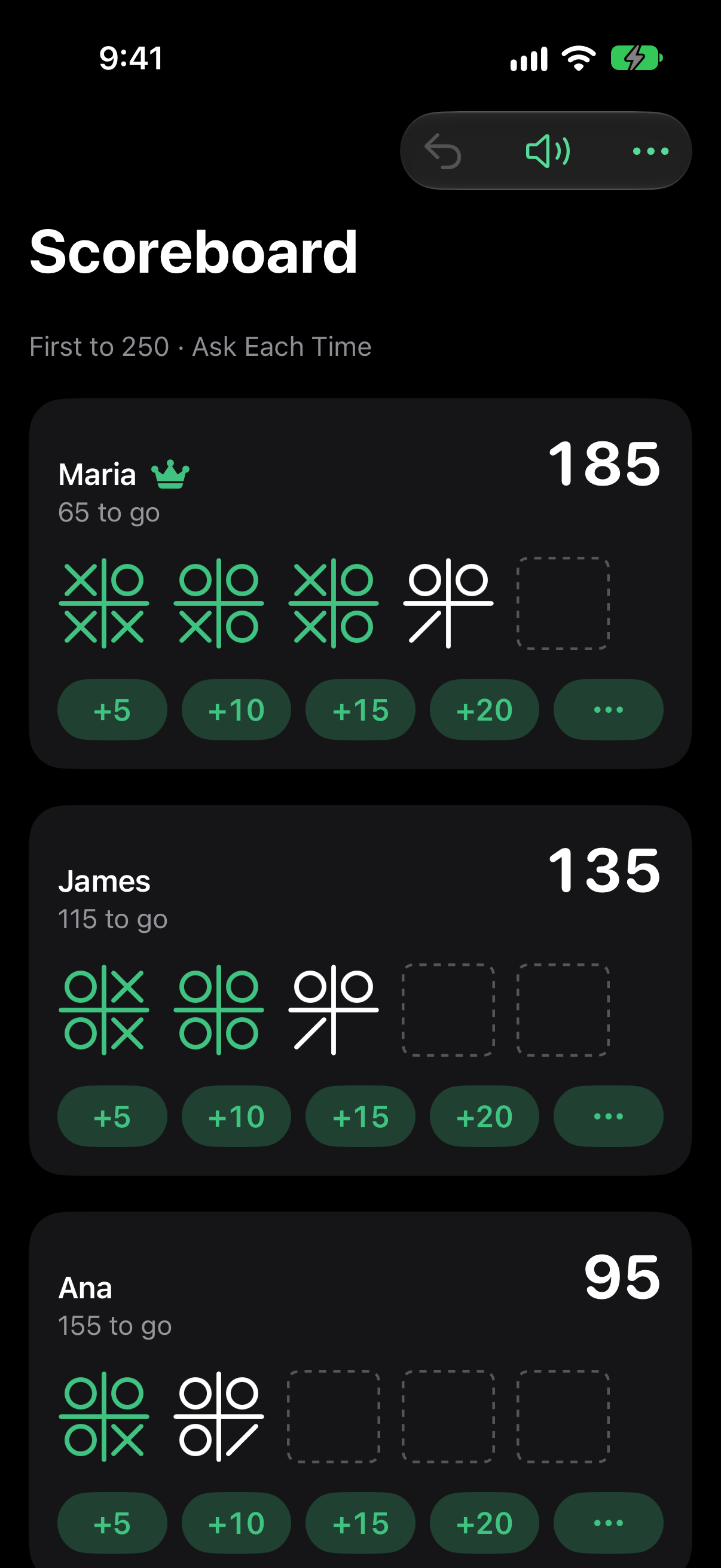 The scoreboard in Dark Mode on iPhone 17 Pro