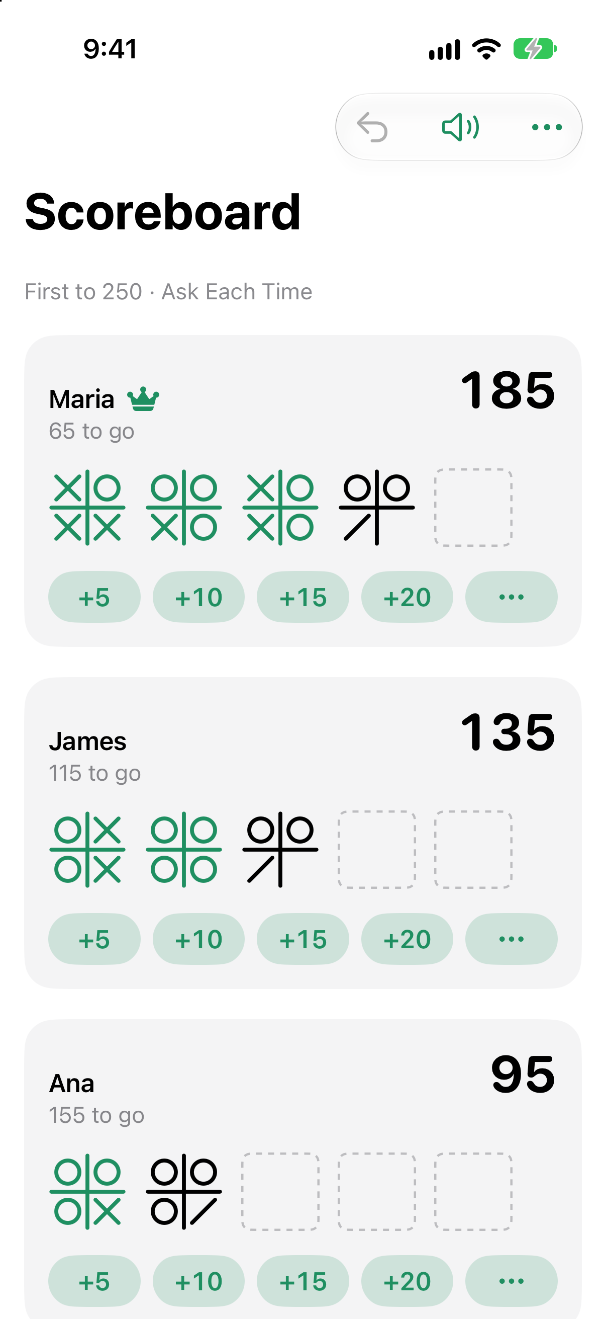 Boneyard Tally on iPhone 17 Pro showing the scoreboard with Maria leading at 185 points